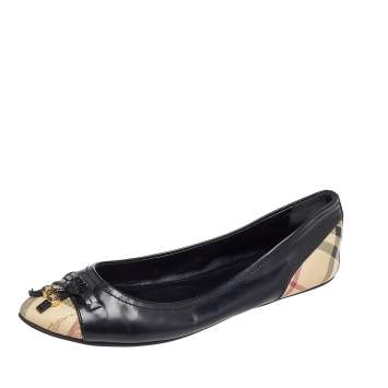 Pre Owned Burberry Black Leather And Haymarket Coated Canvas and Leather Bow Toe Cap Ballet Flats Size 40