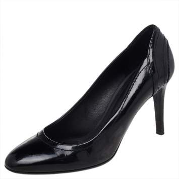 Pre Owned Burberry Black Patent Leather And Coated Canvas Pumps Size 37