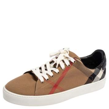 Pre Owned Burberry Beige Nova Canvas And Leather Low Top Sneakers Size 40.5