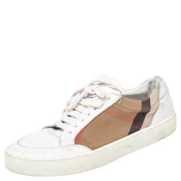 Pre Owned Burberry White  Leather And House Check Canvas Low Top Sneakers Size 39