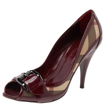 Pre Owned Burberry Burgundy Nova Check Coated Canvas and Patent Leather Buckle Peep Toe Pumps Size 38