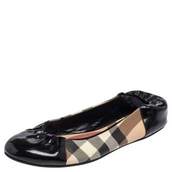 Pre Owned Burberry Black Patent Leather And Nova Check Canvas Scrunch Ballet Flats Size 38