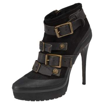 Pre Owned Burberry Black Leather and Suede Buckle Detail Ankle Boots Size 38