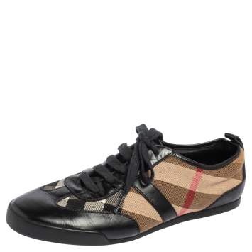 Pre Owned Burberry Black Leather And Nova Check Canvas Lace Up Sneakers Size 36