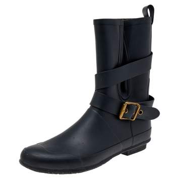 Pre Owned Burberry Black Rubber Buckle Detail Rain Boots Size 38