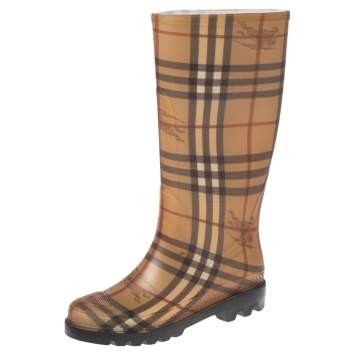 Pre Owned Burberry Beige House Check Rubber Rain Boots Size 36