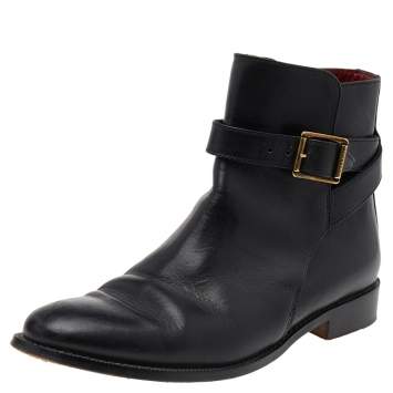 Pre Owned Burberry Black Leather Buckle Ankle Boots Size 38
