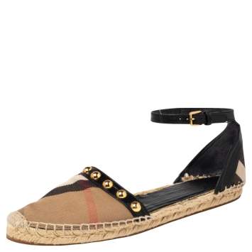 Pre Owned Burberry Black Leather And Nova Check Canvas Abbingdon Studded Espadrille Flats Size 39