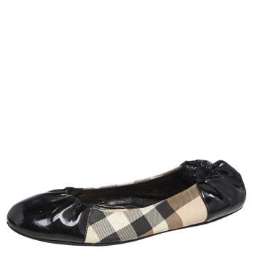 Pre Owned Burberry Beige/Black Nova Check Canvas And Patent Leather Scrunch Ballet Flats Size 40