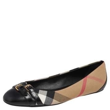 Pre Owned Burberry Black/Beige Leather And Nova Check Canvas Buckle Detail Ballet Flats Size 39