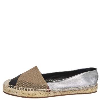 Pre Owned Burberry Silver Leather And Check Canvas Espadrilles Flats Size 36.5