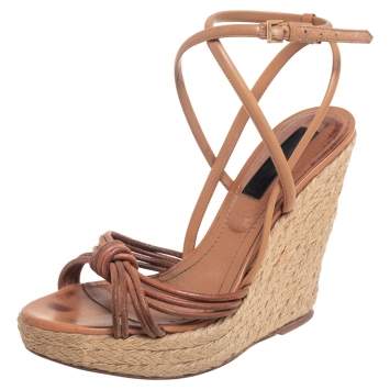 Pre Owned Burberry Tan Strappy Leather Woven Wedge Espadrille Sandals Size 39