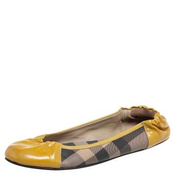Pre Owned Burberry Yellow Patent Leather and Nova Check Coated Canvas Scrunch Ballet Flats Size 39