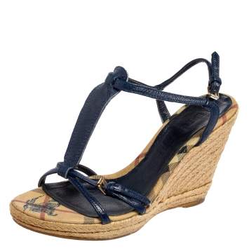 Pre Owned Burberry Blue Leather Espadrille Wedge Sandals Size 38