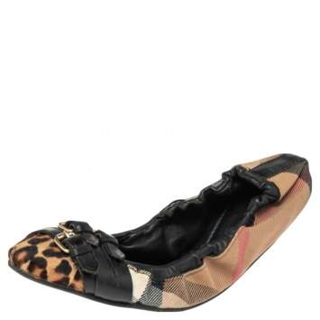 Pre Owned Burberry Black Novacheck Canvas and Leather Buckle Scrunch Ballet Flats Size 36