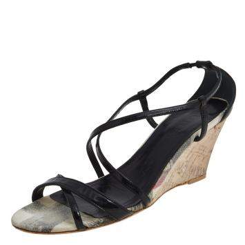 Pre Owned Burberry Black Patent Leather Criss Cross Open Toe Cork Wedge Sandals Size 38