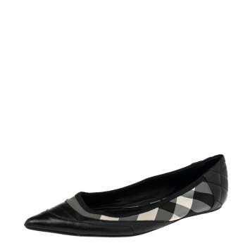 Pre Owned Burberry Black Leather and Novacheck Fabric Pointed Toe Ballet Flats Size 39