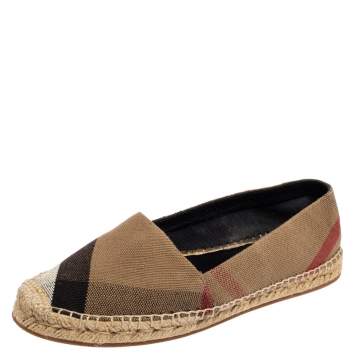 Pre Owned Burberry Beige Hodgeson Check Canvas Slip On Espadrilles Size 39