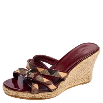 Pre Owned Burberry Patent Leather and Nova Check Canvas Espadrille Wedge Slide Sandals Size 37