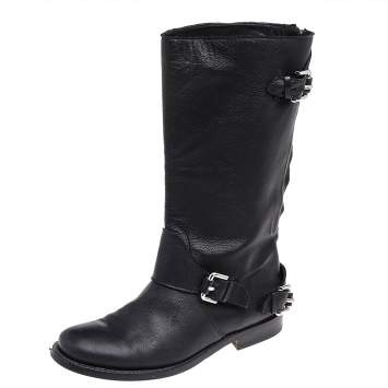 Pre Owned Burberry Black Leather Buckle Detail Mid Calf Boots Size 35