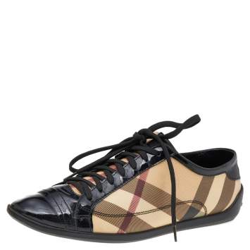 Pre Owned Burberry Beige/Black Novacheck Canvas And Patent Leather Cap Toe Low Top Sneakers Size 37