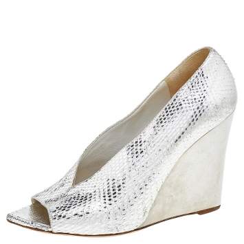 Pre Owned Burberry Gold Python Leather Wedge Pumps Size 38
