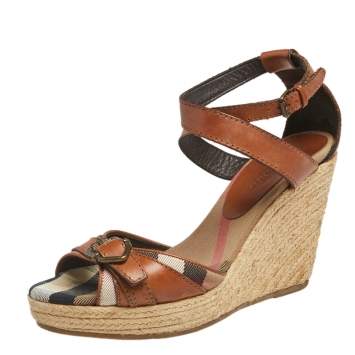 Pre Owned Burberry Tan Leather Ankle Strap Espadrille Wedges Sandals Size 37