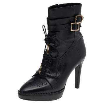 Pre Owned Burberry Black Leather Ankle Length Boots Size 36.5
