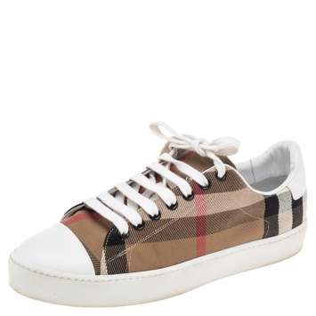 Pre Owned Burberry White/Beige Nova Check Canvas And Leather Cap Toe Sneakers Size 39