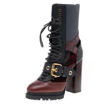 Pre Owned Burberry Black/Burgundy Leather and Snakeskin Leather Water Marsh Ankle Boots Size 39