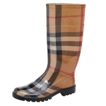 Pre Owned Burberry Brown Nova Check Rubber Rain Boots Size 36