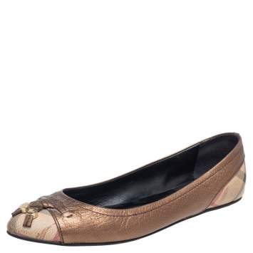 Pre Owned Burberry Bronze/Beige Leather and Nova Check PVC Charm Bow Ballet Flats Size 37