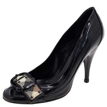 Pre Owned Burberry Black Patent Leather Buckle Round Toe Pumps Size 36
