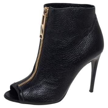 Pre Owned Burberry Black Grained Leather Peep Toe Front Zip Booties Size 37