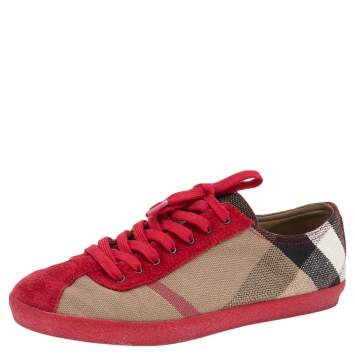Pre Owned Burberry Red/Beige Suede And Novacheck Canvas Low Top Sneakers Size 39