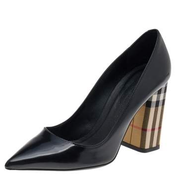 Pre Owned Burberry Black/Beige Leather And Vintage Check Dashwood Pumps Size 37.5