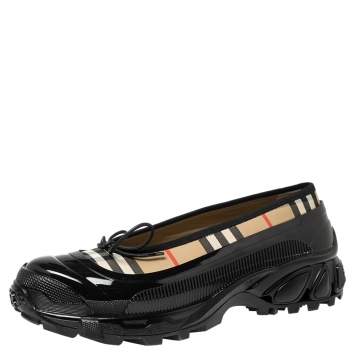 Pre Owned Burberry Black/Beige House Check Canvas And Rubber Linford Ballet Flats Size 40