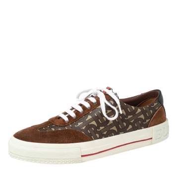 Pre Owned Burberry Brown Suede and Nelson Monogram Canvas Low-Top Sneakers Size 40