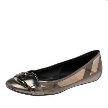 Pre Owned Burberry Beige Nova Check Canvas And Leather Avonwick Buckle Detail Ballet Flats Size 39