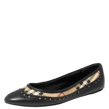 Pre Owned Burberry Black/Beige Leather And Canvas House Check Cap Toe Ballet Flats Size 40