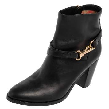 Pre Owned Burberry Black Leather Bedford Buckle Ankle Boots Size 40 