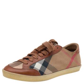 Pre Owned Burberry Beige/Brown House Check Canvas and Leather Low Top Sneakers Size 38
