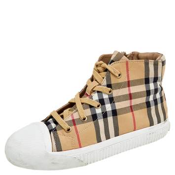 Pre Owned Burberry Beige Nova Check Fabric And Leather High Top Sneakers Size 35