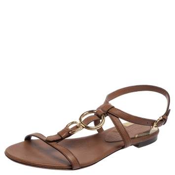 Pre Owned Burberry Brown Leather Buckle Detail Thong Ankle-Strap Flat Sandals Size 38