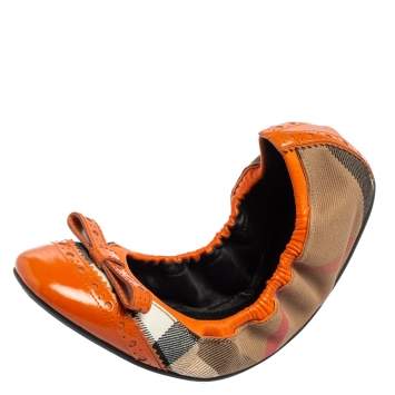 Pre Owned Burberry Orange Patent Leather And Nova Check Canvas Scrunch Ballet Flats Size 39