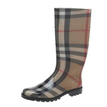 Pre Owned Burberry Beige Nova Check Rubber Rain Boots Size 40