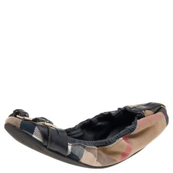 Pre Owned Burberry Beige/Black Leather And Canvas Ballet Flats Size 36