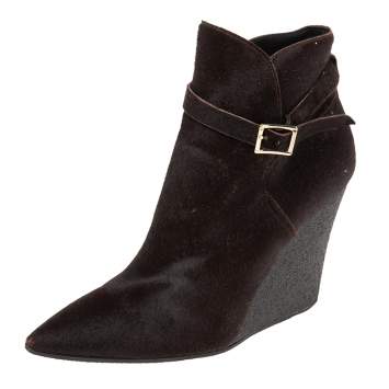 Pre Owned Burberry Dark Brown Calf Hair Buckle Detail Ankle Wedge Boots Size 38