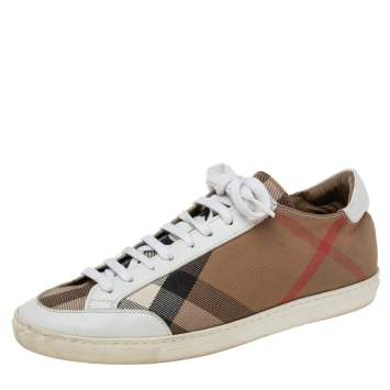 Pre Owned Burberry White/Brown Nova Check Canvas And White Leather Low Top Sneakers Size 38