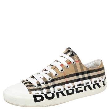 Pre Owned Burberry Tri-Color Vintage Check Logo Canvas and Leather Cap-Toe Sneakers Size 39.5